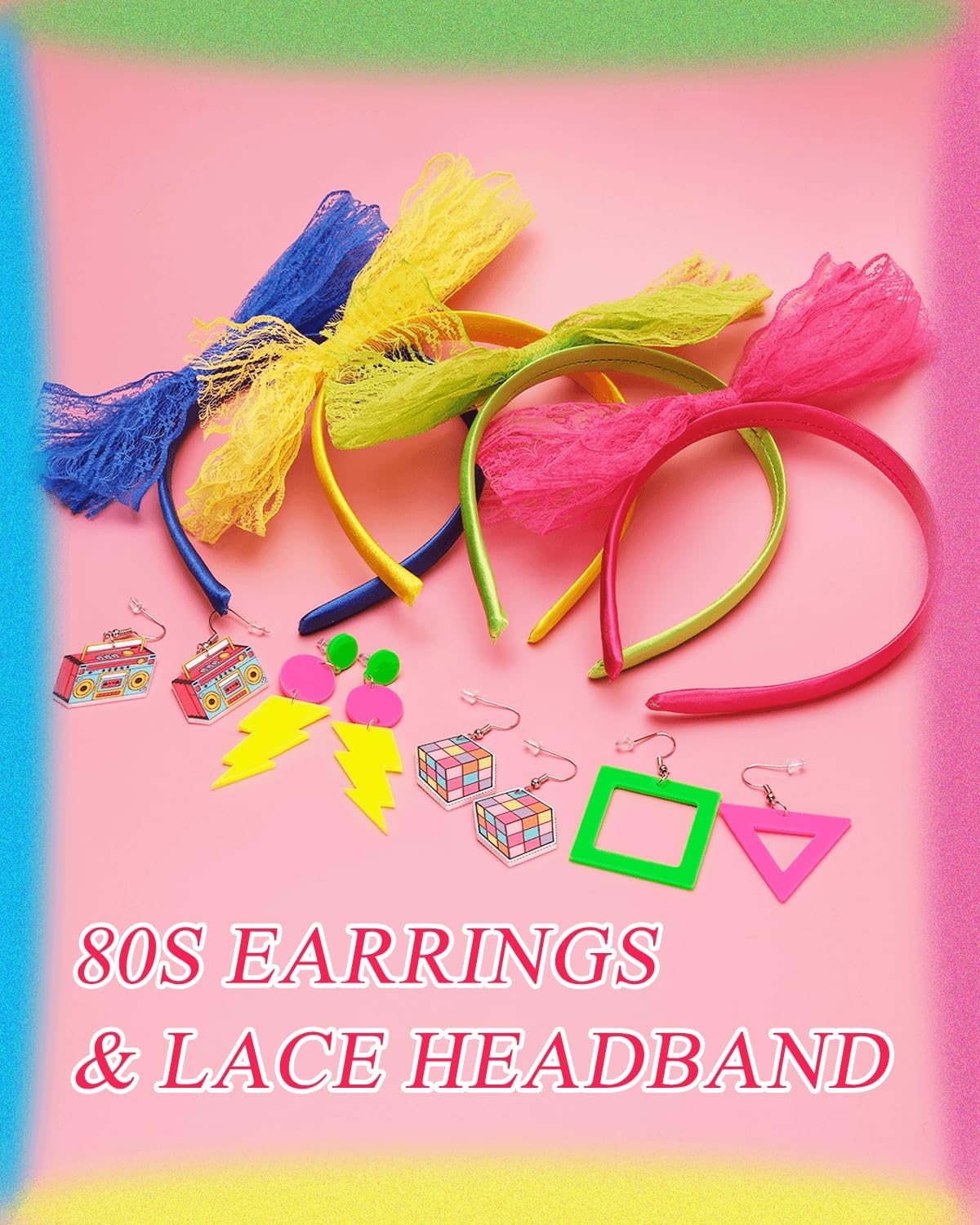 8 Pack 80s Earrings and Lace Headband with Bow for Women 80's Neon Accessories for Halloween Costume Retro 80 S Theme Party Outfit - Image 2