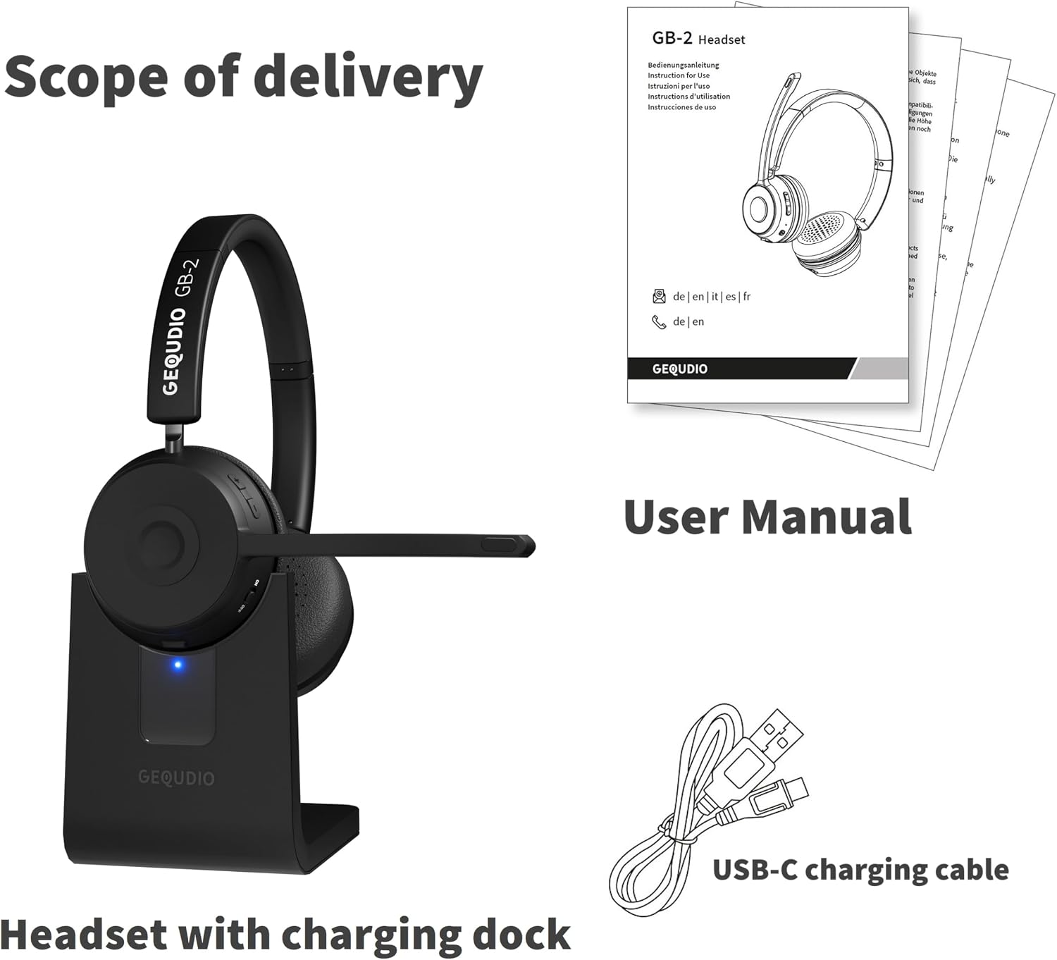 GEQUDIO GB-2 Headset with charging dock, USB-C cable, and user manual