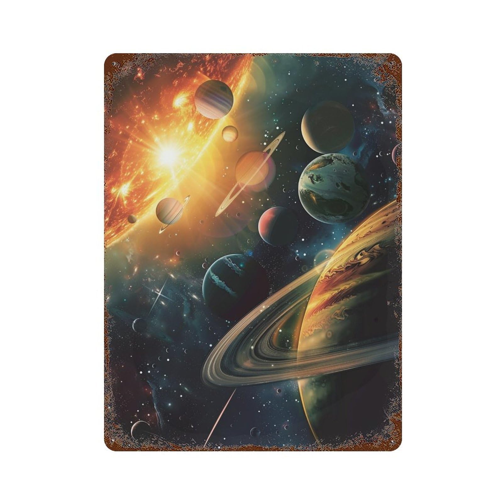 Decorative Tin Sign with Cosmic Planets in Space Design 15.7"x11.8", for Farmhouse, Kitchen And Entryway Decor, Old School Wall Decor