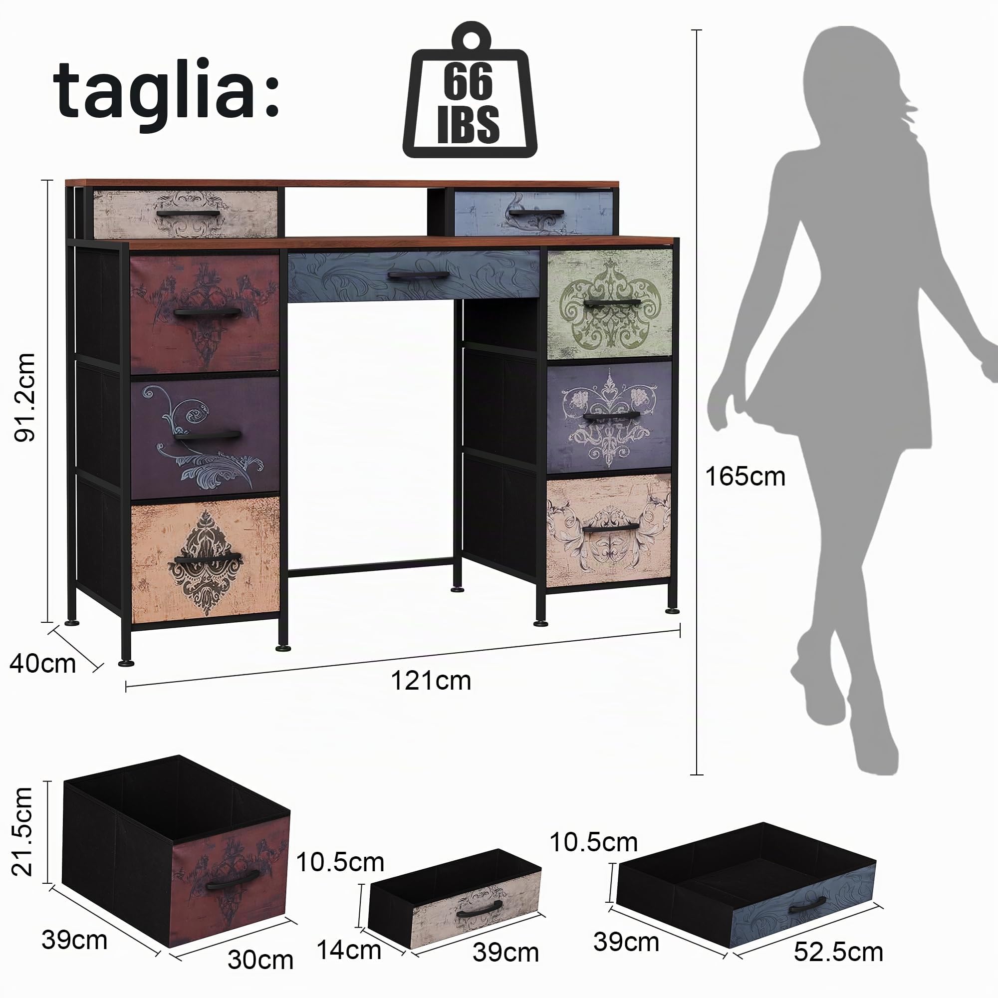 Tavolo da toeletta in legno con 8 cassetti, scrivania con cassetto e deposito in stile industriale, tavolo da trucco vintage senza specchio, mobile multiuso per camera da letto o ufficio (legno, 121 x