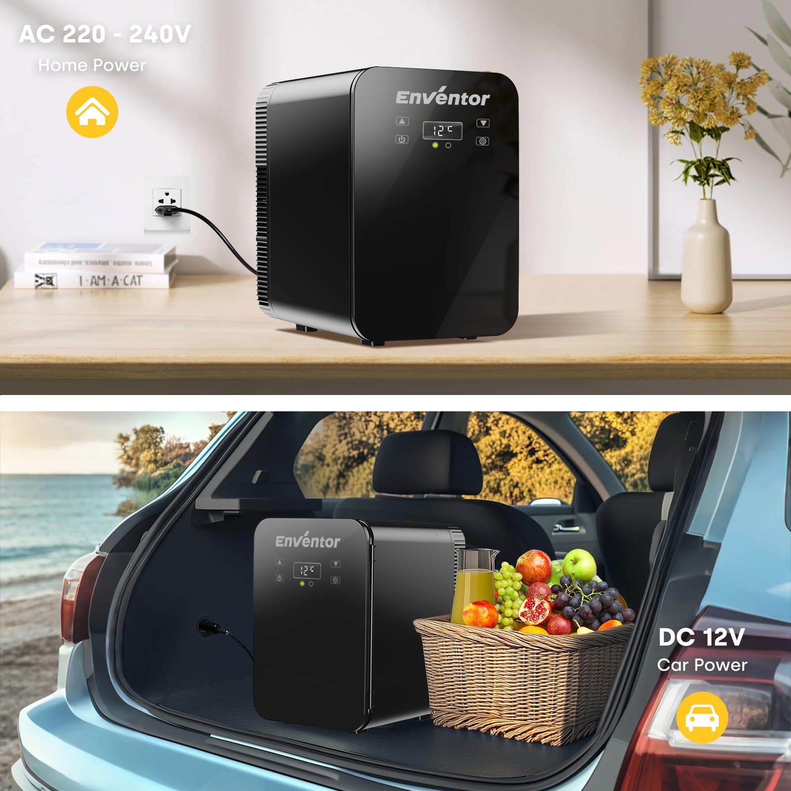Enventor Mini Frigo de Chambre 10L, Petit Frigo Double Système de Refroidissement 12V/220V, Refroidissement et Chauffage, Compact Fridge Cosmétique