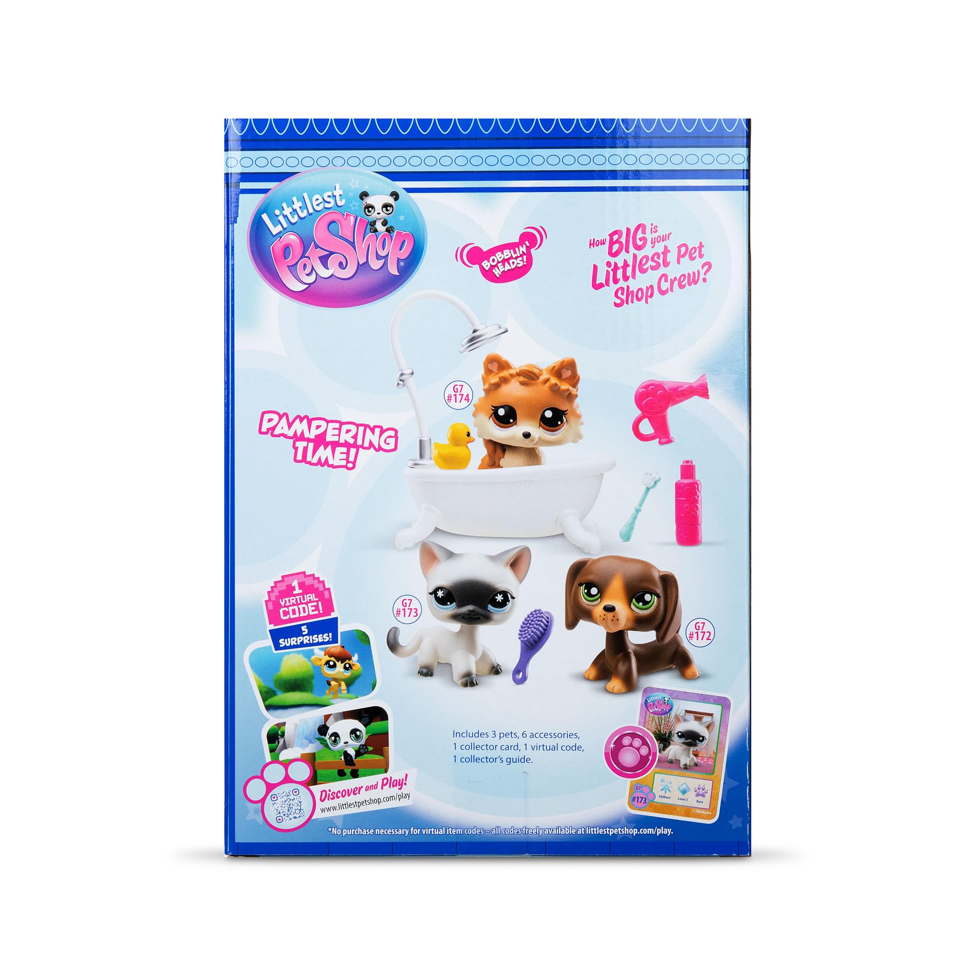 BANDAI - Littlest Pet Shop - DÍA DE SPA BF00638, 3 Mascotas, 10 Accesorios, 1 Tarjeta de coleccionista, 1 código Virtual, Generación 7 Mascotas 172, 173, 174, Figuras de LPS, a Partir de 4 años