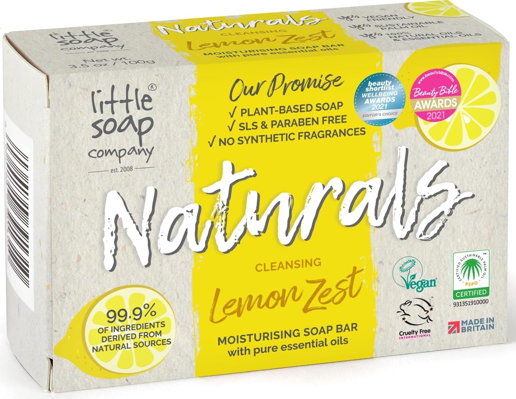 Little Soap Company Natural Range - Lemon Zest Soap Bar, 100g | Vegan, Cruelty Free & Antibacterial, No SLS or Parabens | Eco Friendly Body, Face & Hand Soap with Cleansing Lemon Essential Oils