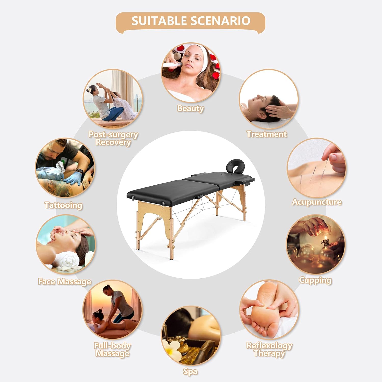 AWQM Massage Table 72.4 inch Massage Bed, 2 Fold Portable Spa Bed,Wooden Frame,Height Adjustable,Facial Salon Tattoo Bed, Black : Beauty & Personal Care