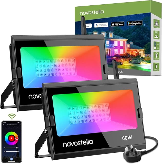 NOVOSTELLA 60W LED Flood Light Outdoor, Smart WiFi Control Dimmable RGB Color Changing Garden Stage Light, Compatible Alexa Google Assistant, Timing, IP66 Waterproof for Yard Porch Lawn 2 Pack