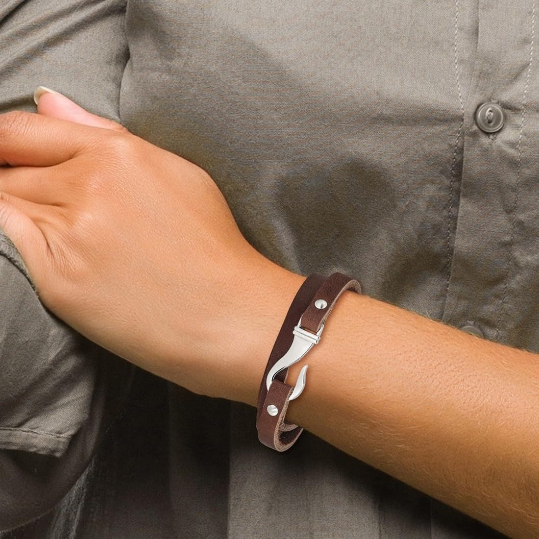 JewelryWeb Stainless Steel Polished Hook clasp Adjustable Brown Leather Wrap Bracelet 7mm Wide Wrap Bracelet for Women