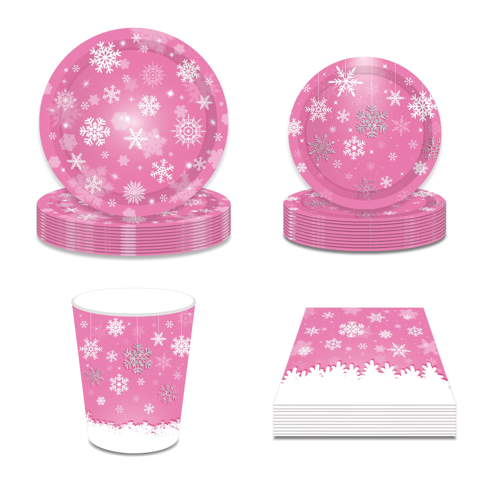 AnyDesign Lot de 50 assiettes et 25 serviettes de table de Noël avec 25 tasses Motif flocon de neige Rose