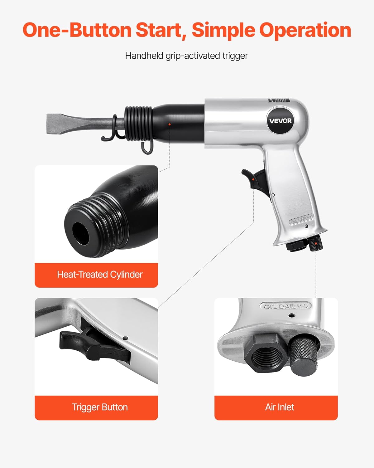VEVOR Air Hammer, 3500BPM Pneumatic Hammer with 2.76 inch Stroke & 4PCS Chisels Round Shank, Pistol-Grip Compact Air Chisel Pneumatic Shovel Tool for Cutting Punching Scraping