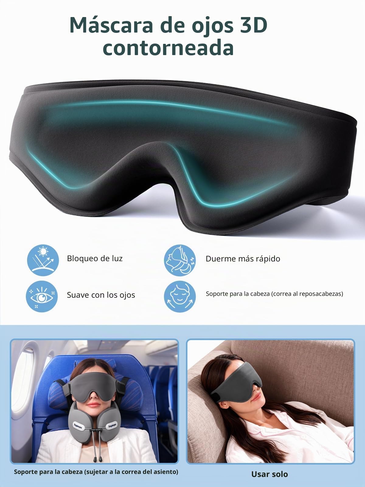 Inspireyes Almohada para el cuello, almohada de viaje con correa de asiento, máscara de dormir 3D, cabeza de cuello de doble apoyo, almohada de avión de espuma de alto apoyo para viajes largos por