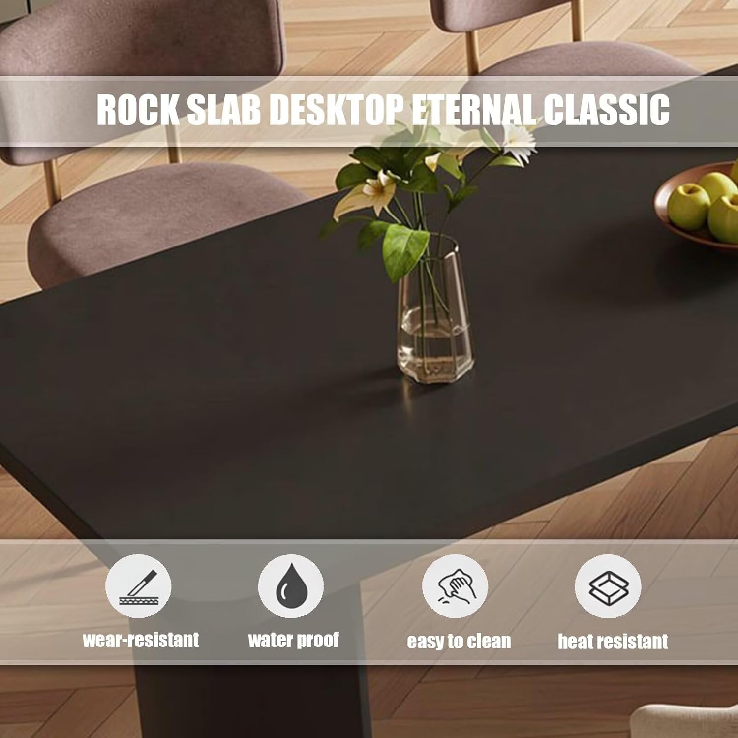 Dinner Table, Modern Kitchen Island with Rock Slab Top, Black Kitchen Island with 2 Drawers, 2 Power Sockets, 4 Person Capacity (59.05IN No Chairs)