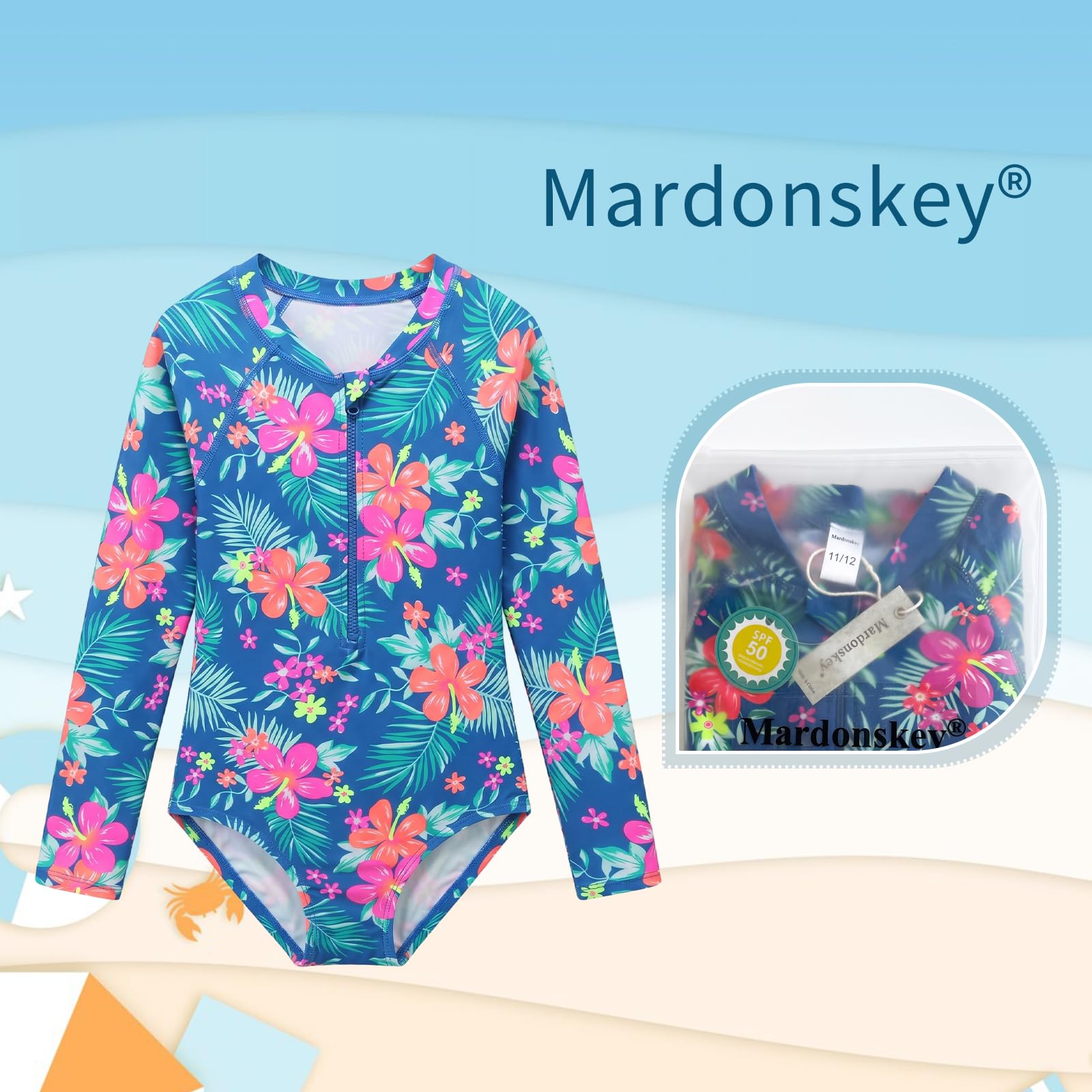 Traje de baño de una pieza con protección solar UPF 50+ para niñas de manga larga para niños, traje de baño de rayas arcoíris 3-14 años