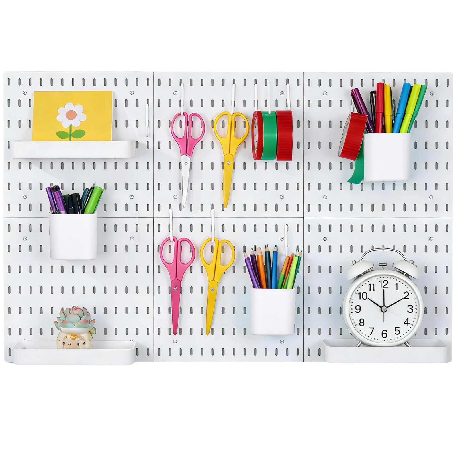 Rainmae Pegboard Combination Set 6 Panels 28x28cm with 42 Accessories Free Combination Dual Installation Options Wall Organizer for Home Office Craft Room Storage & Display