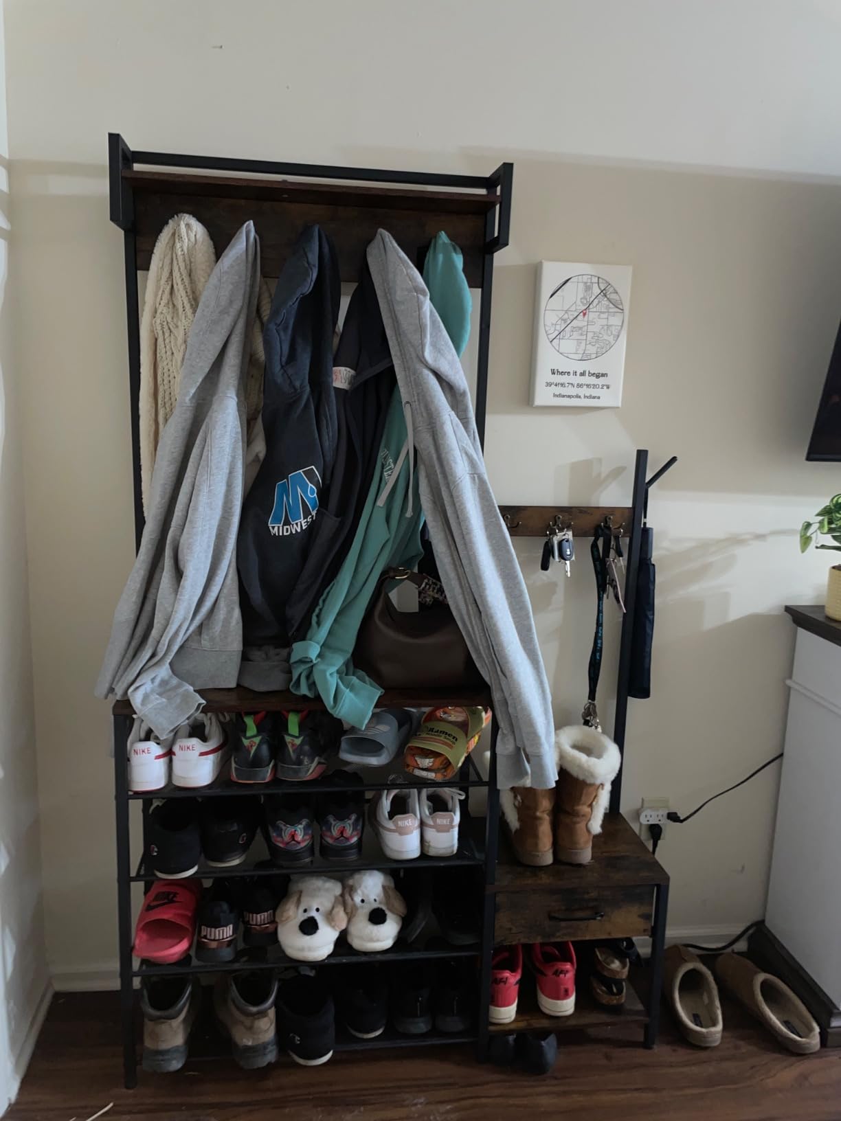 HOOBRO Hall Tree, Entryway Coat Rack Shoe Bench, Shoe and Coat Rack for Entryway, Hall Tree Coat Rack, with Non-Woven Fabric Drawer, for Entrance, Foyer, Rustic Brown and Black BF113MT01