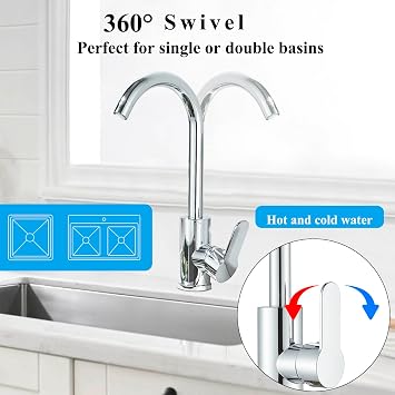 Kitchen Taps Kitchen Sink Tap Mixer Chrome Single Lever 360 Swivel Spout and Hoses Monobloc Mixer Tap for Sink 1 Hole High Arc Zamery Stainless Steel Faucet