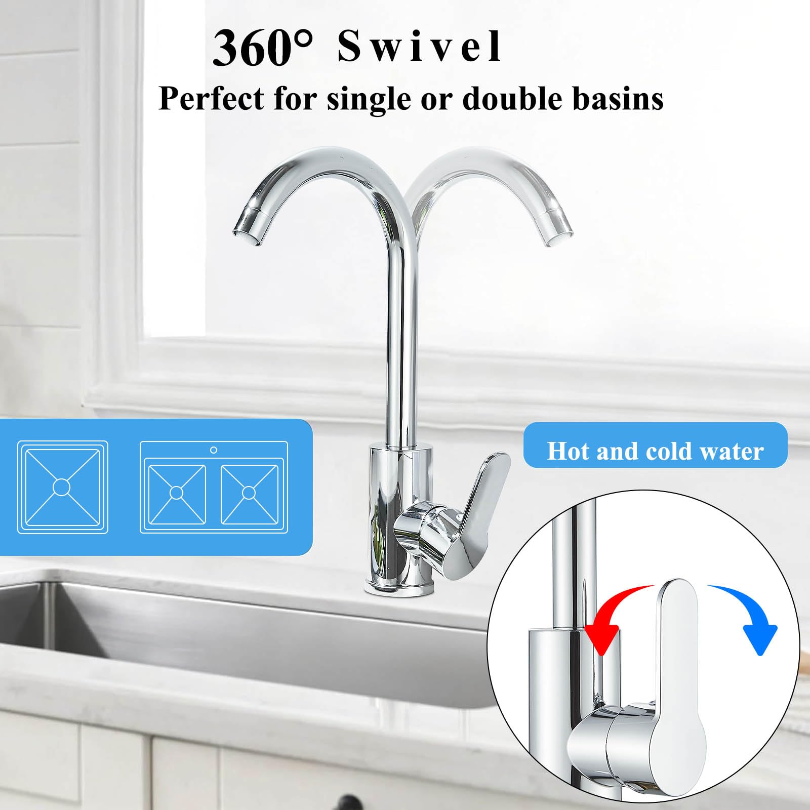Kitchen Taps Kitchen Sink Tap Mixer Chrome Single Lever 360 Swivel Spout and Hoses Monobloc Mixer Tap for Sink 1 Hole High Arc Zamery Stainless Steel Faucet - Image 2