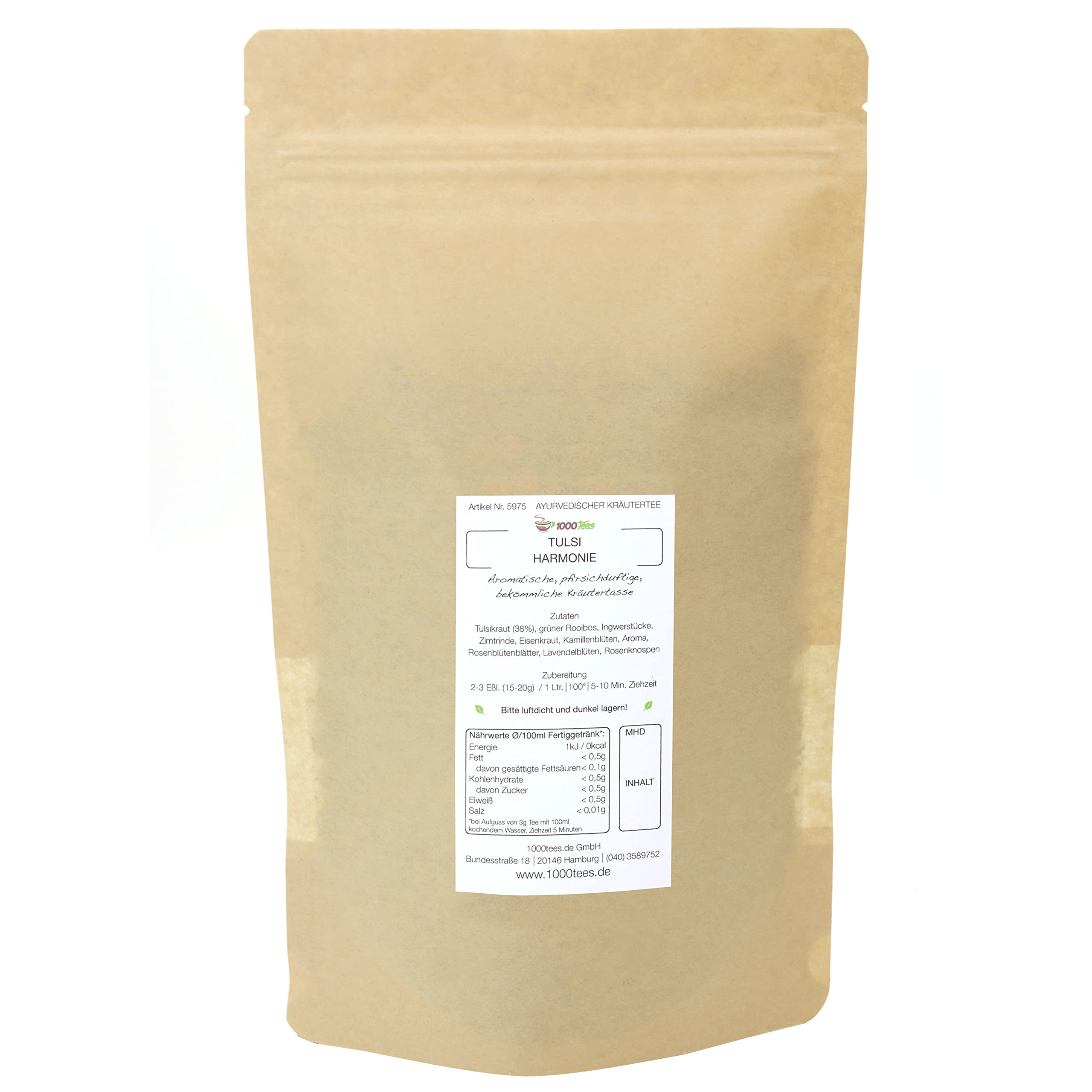 Kräutertee Tulsi Harmonie mit Pfirsich-Geschmack, fruchtig, mild, blumig, frisch abgefüllt