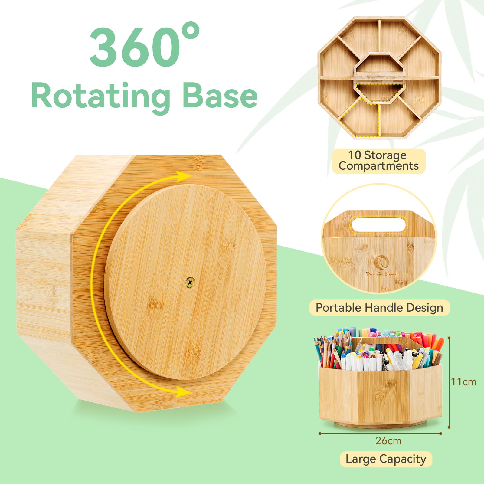 Ohuhu Organiseur rotatif pour marqueurs à alcool, rotation à 360 degrés en bambou pour bureau - Peut contenir 162 marqueurs Honolulu et B - Porte-crayons avec 8 compartiments pour la maison, la salle