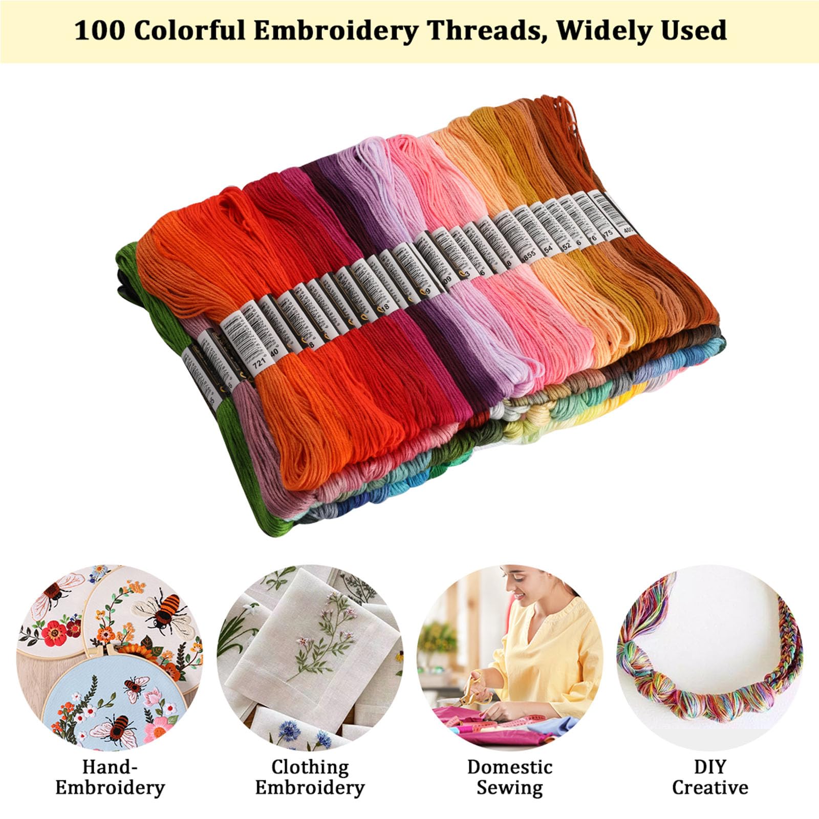 Lerpwige Set di 100 fili da ricamo colorati e strumenti per maglieria, con cerchio per progetti artigianali per esperti, filato morbido