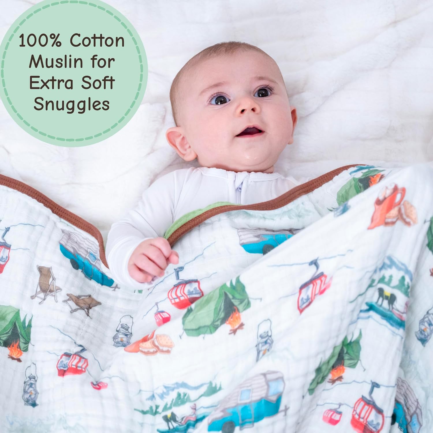 LollyBanks Baby Blanket, 100% Organic Cotton Lightweight 6-Layer Muslin Quilt for Boys and Girls, Soft and Breathable Baby Quilt, 47”x47” Neutral Toddler Blanket for Crib, Registry (Camping Print)