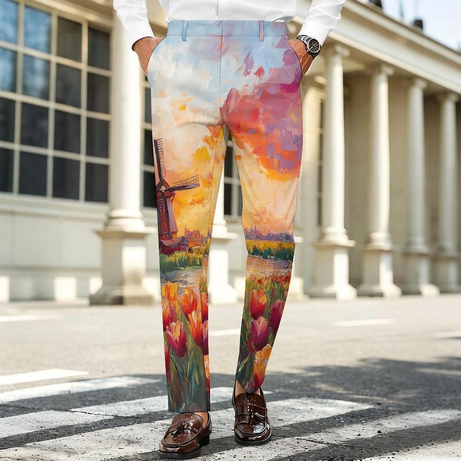 Field of Tulips and Windmill Men's Classic Fit Suit Pants Straight Leg Design Printed Trousers