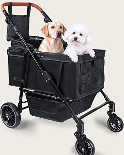 LUODIER Dog Stroller for Large & Medium Dogs up to 132 lbs - Foldable Pet Stroller with Adjustable Handle, 180° Canopy, Storage, Black