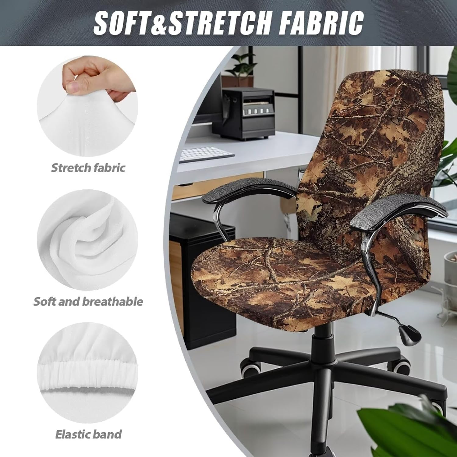 Printed Office Chair Cover Stretchable Computer Chair Cover Rotating Chair Slipcover Washable Rolling Chair Protector Protective Executive Chairs Cover, S, Camo Hunting Forest