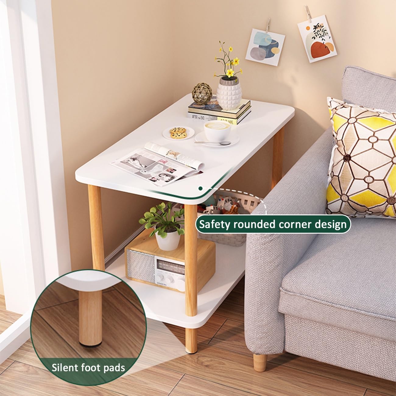 ナチュラルウッド 2段構造サイドテーブル Amazon｜サイドテーブル 2段収納棚付きウッドベッドサイドテーブル