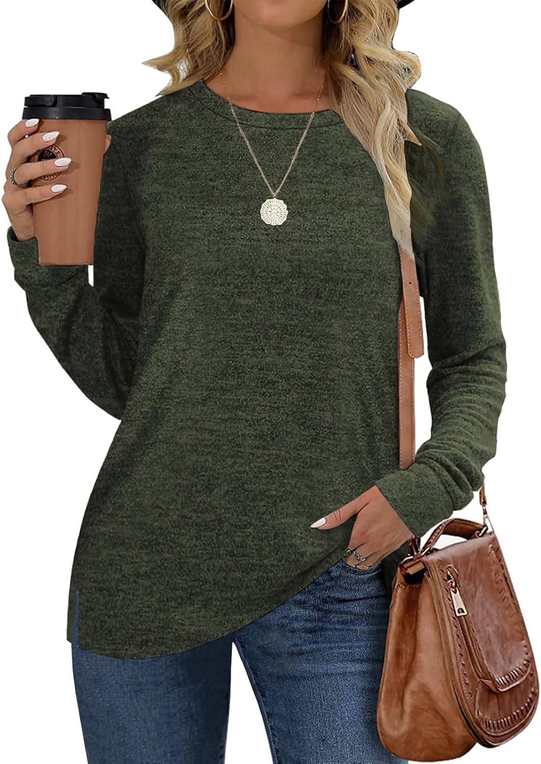 Womens Solid Casual Knit Pullover Long Sleeve Sweatshirts Tunics and Crewneck Sweaters for Women