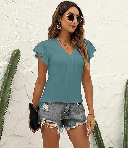 Miniatura 2 de Blusas de verano para mujer, manga con volantes, cuello en V, estilo casual, para negocios, blusas fluidas para mujer