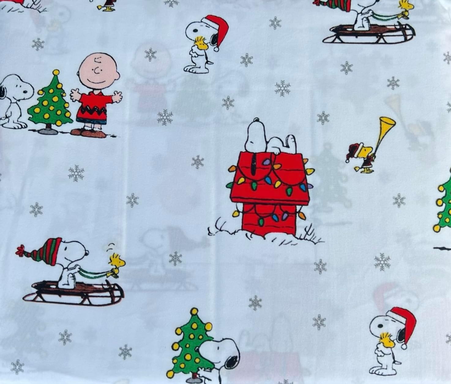 Berkshire Blanket & Home Co Peanuts Christmas Winter Themed Sheet Sets - Christmas Carolers (White - Silver Snowflakes, Sledding, Doghouse w/Lights, Queen)