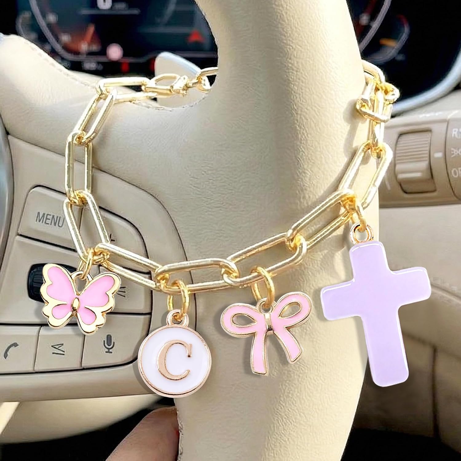 Cross Letter C Gold Car Steering Wheel Charm Chain Christian Gifts