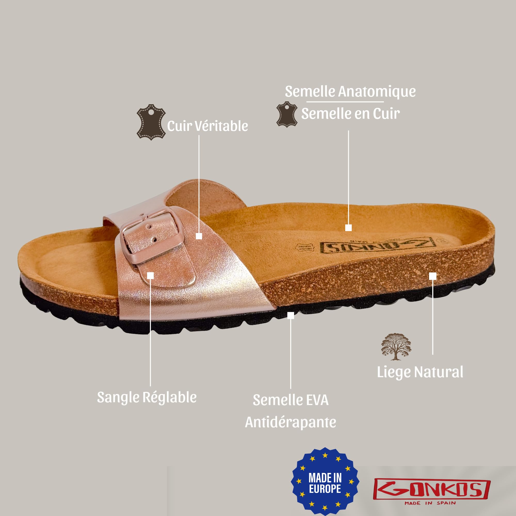 Sandales en Cuir avec Semelle en Liège, Mules Femme Cuir Véritable, Liège Naturel, Boucle Réglable, Semelle EVA Antidérapante, Sandales de Qualité Fabriquées en Espagne