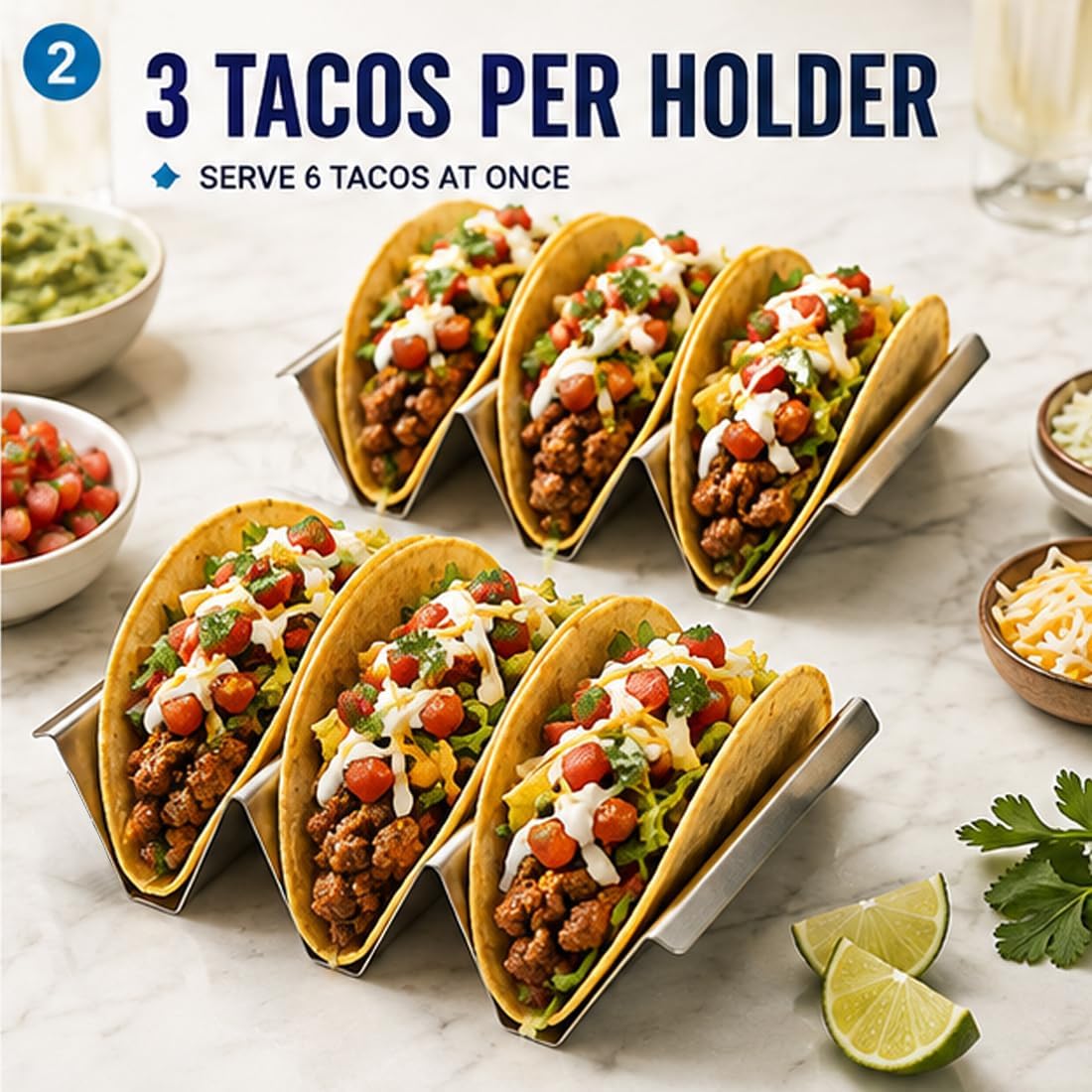 Taco Holder Stand Set of 2, Stainless Steel Taco Rack, Holds up to 3 Tacos Each, Oven, Grill & Dishwasher Safe, Taco Shell Holder for Soft & Hard Shell Tacos, Taco Tuesday Party Accessories