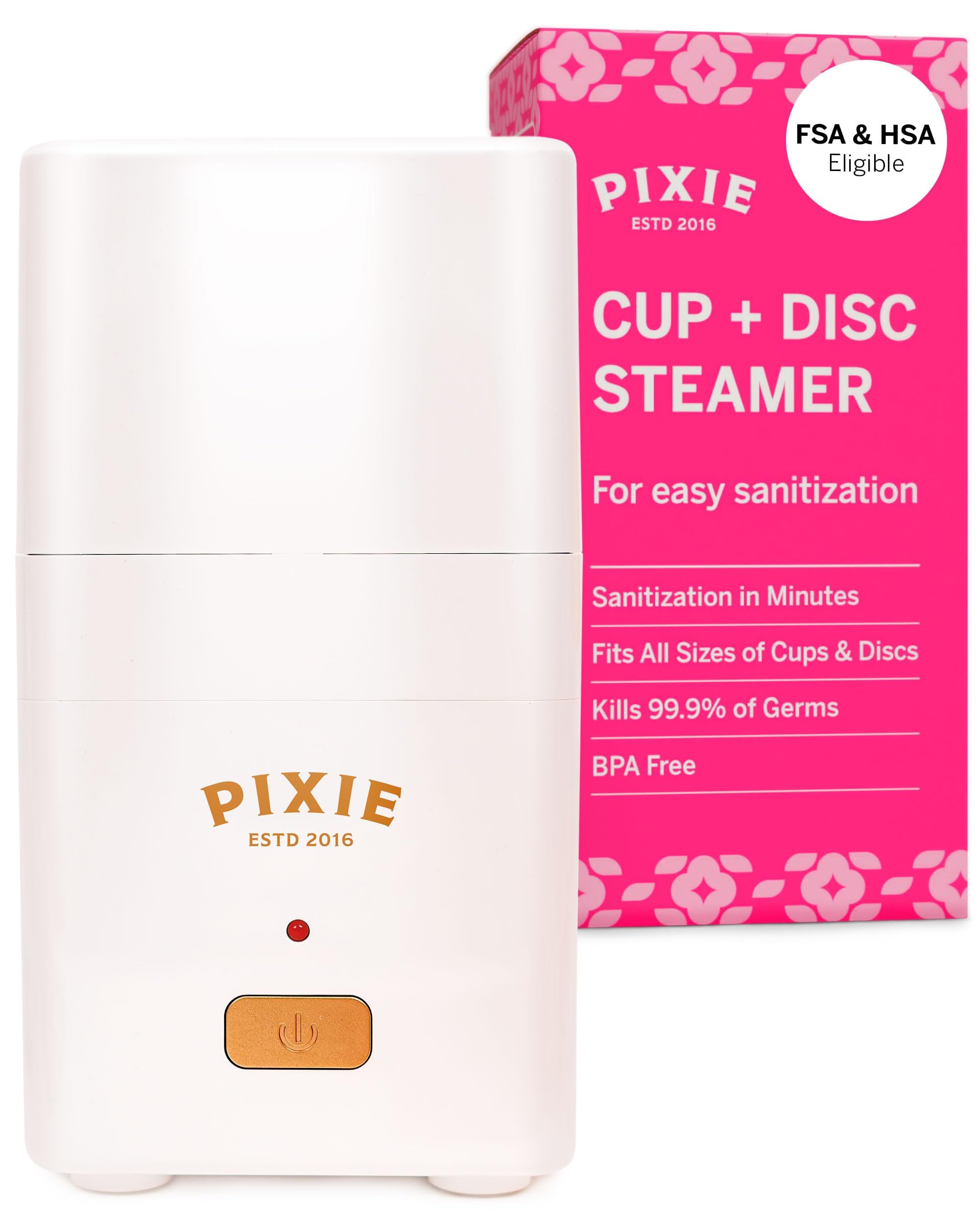 Pixie Menstrual Cup Steam Cleaner - Wash Your Cup + Kill 99.9% of Germs with Cleanser Steam for Feminine Care - 3 Minutes and Your Period Cup is Sterile! Automatic Shut Off - FSA Eligible (White)
