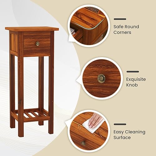 Miniatura 7 de Giantex Mesa auxiliar estrecha con cajón, mesa auxiliar alta de madera de acacia con estante inferior, mesas de noche modernas, mesita de noche de 2