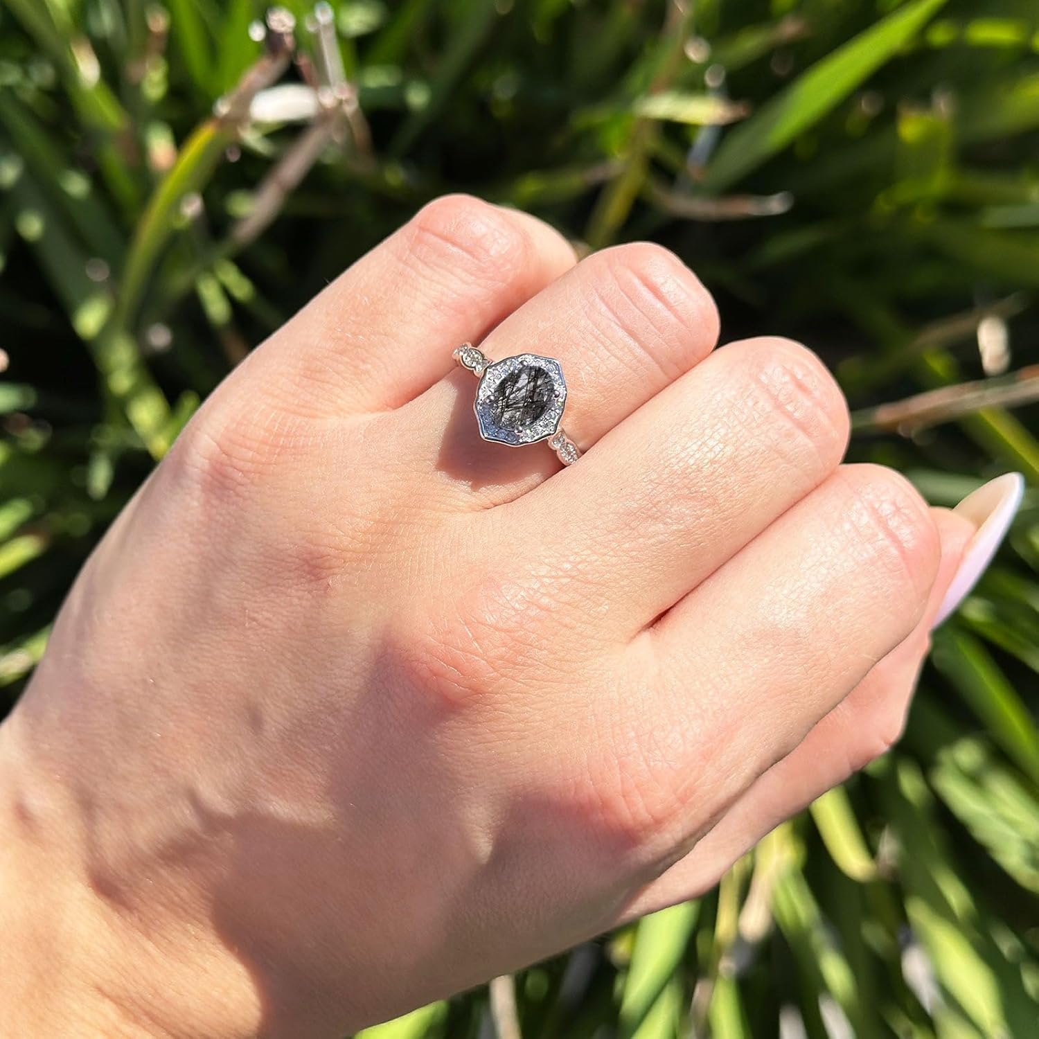 OMRANII Art Deco Ring Oval Natural Rutilated Quartz Vintage Style Halo CZ Floral Design Wedding Engagement Rings For Her 925 Sterling Silver Birthday Gift For Women