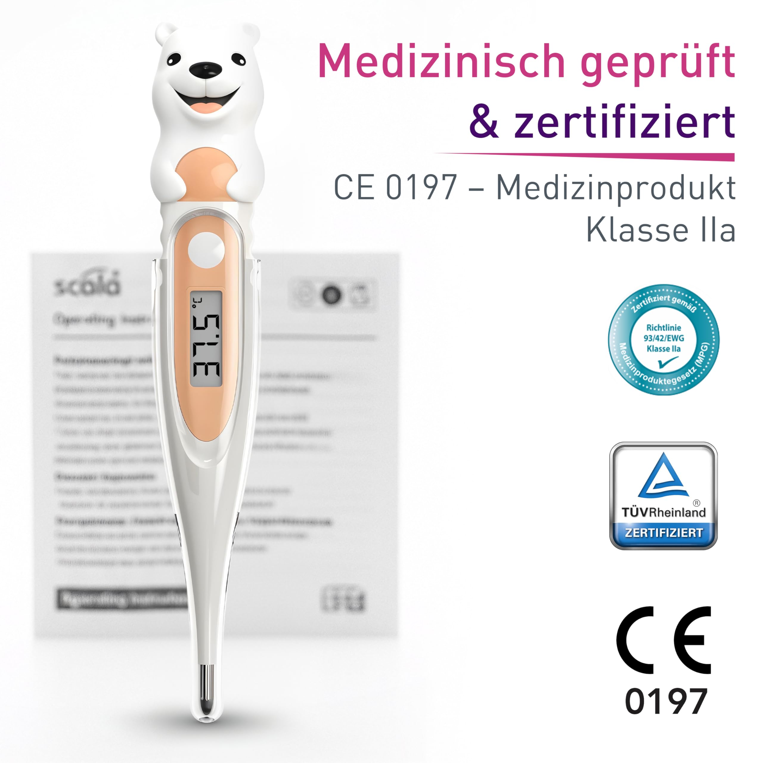 scala SC 44 flex cyfrowy termometr dla niemowląt i dzieci – czas pomiaru 10 s, elastyczna końcówka, alarm gorączkowy, wodoszczelny – oralny, doodbytniczy i pachowy – motyw niedźwiedzia polarnego