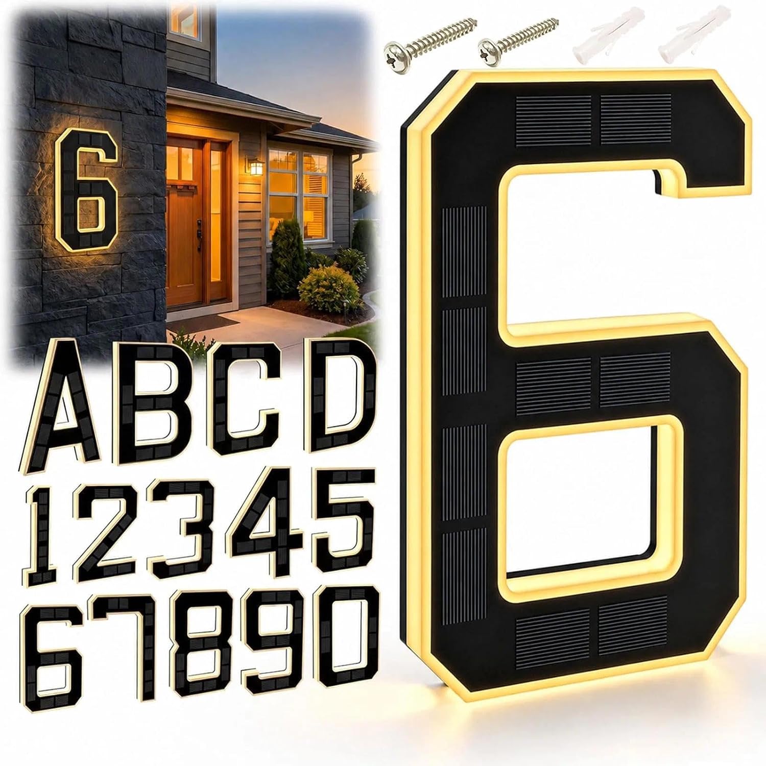 4.7” Solar Lighted House Numbers for Outside,IP44 Waterproof LED Address Numbers & Letters, Dusk to Dawn Auto On/Off, Easy Install Modern Address Sign for Home, Yard, Fence, Garage (6-Black)