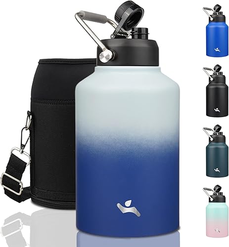 Miniatura 20 de Jarra de medio galón con asa, botella de agua aislada de 64 oz con bolsa de transporte, botella de metal de acero inoxidable de doble pared con Día