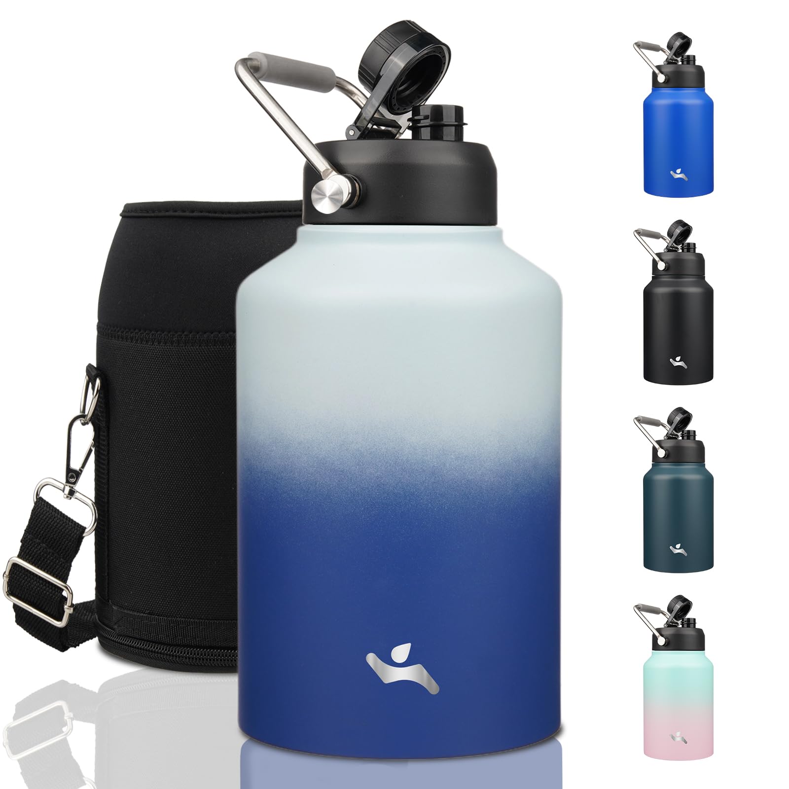 Konokyo 1 Gallon Jug with Handle,128 oz Insulated Water Bottle with Carrying Pouch, Double Wall Vacuum Stainless Steel Metal Bottle,Sky