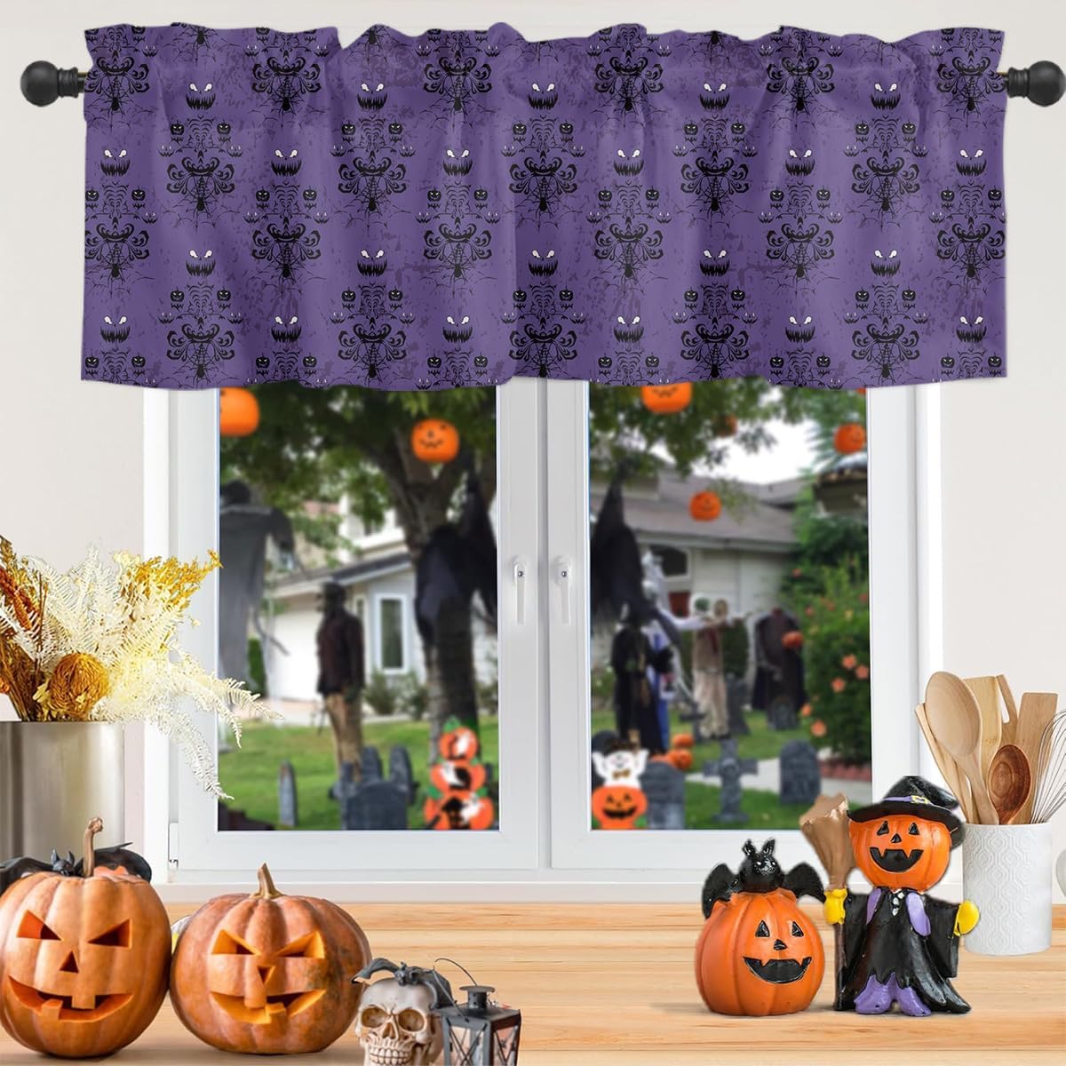 2 Pack Halloween Kitchen Curtains Valances for Windows Haunted Mansion Ghost Purple Valances for Cafe Bathroom Living Room Short Topper Treatments Curtains Over Sink with 3 inch Rod Pocket, 54x18in