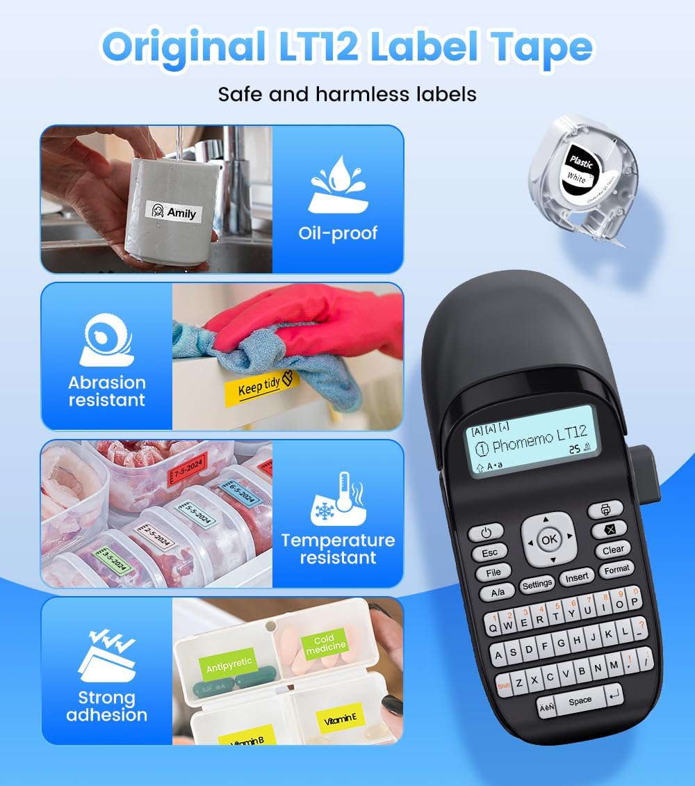 Phomemo LT12 Label Maker Machine, Rechargeable Handheld Label Makers with QWERTY Keyboard Portable Bluetooth Labeler with & 1600+ Icons, 30+ Fonts, for Home, Office, Gray