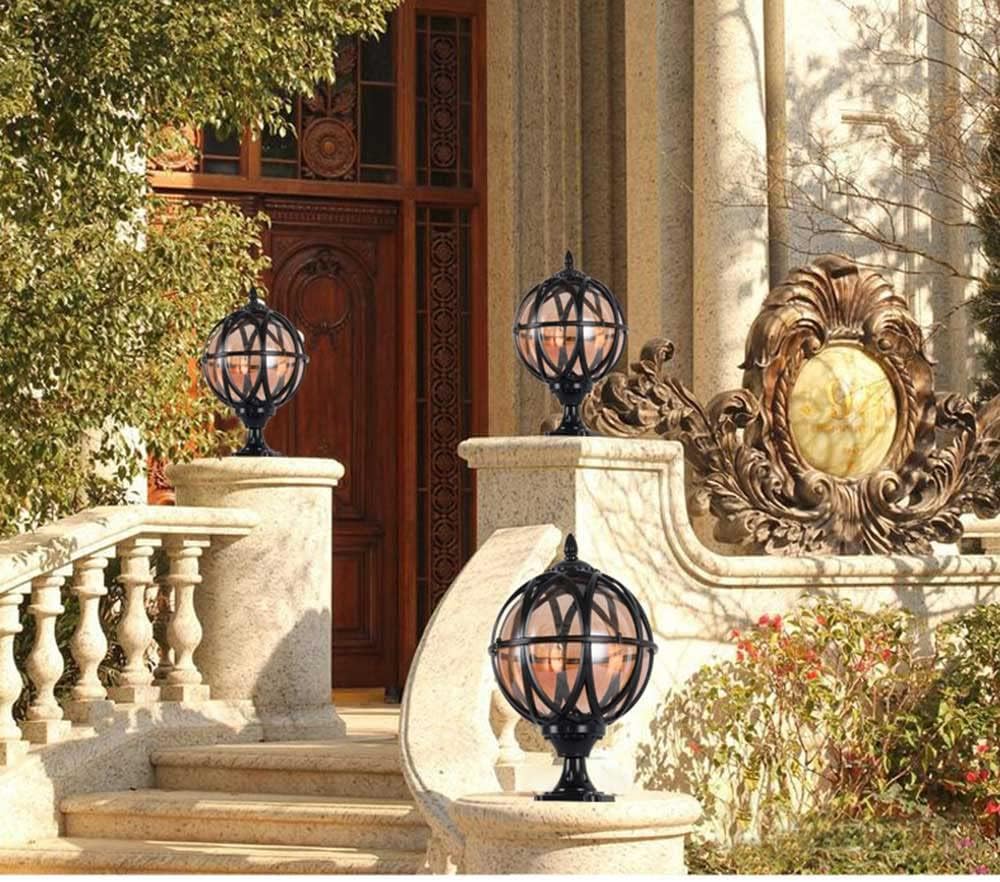 European Style Floor Lamp Ball Vintage Dock Mount Lantern Outdoor Waterproof Glass with Shade Outdoor Patio Pillar Light Fixture