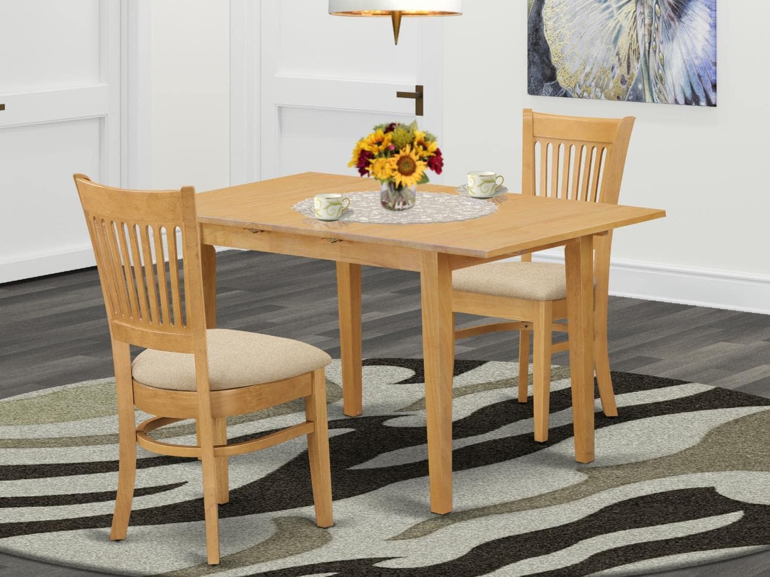 East West Furniture NOVA3-OAK-C 3 Piece Kitchen Table & Chairs Set Contains a Rectangle Dining Table with Butterfly Leaf and 2 Linen Fabric Dining Room Chairs, 32x54 Inch, Oak
