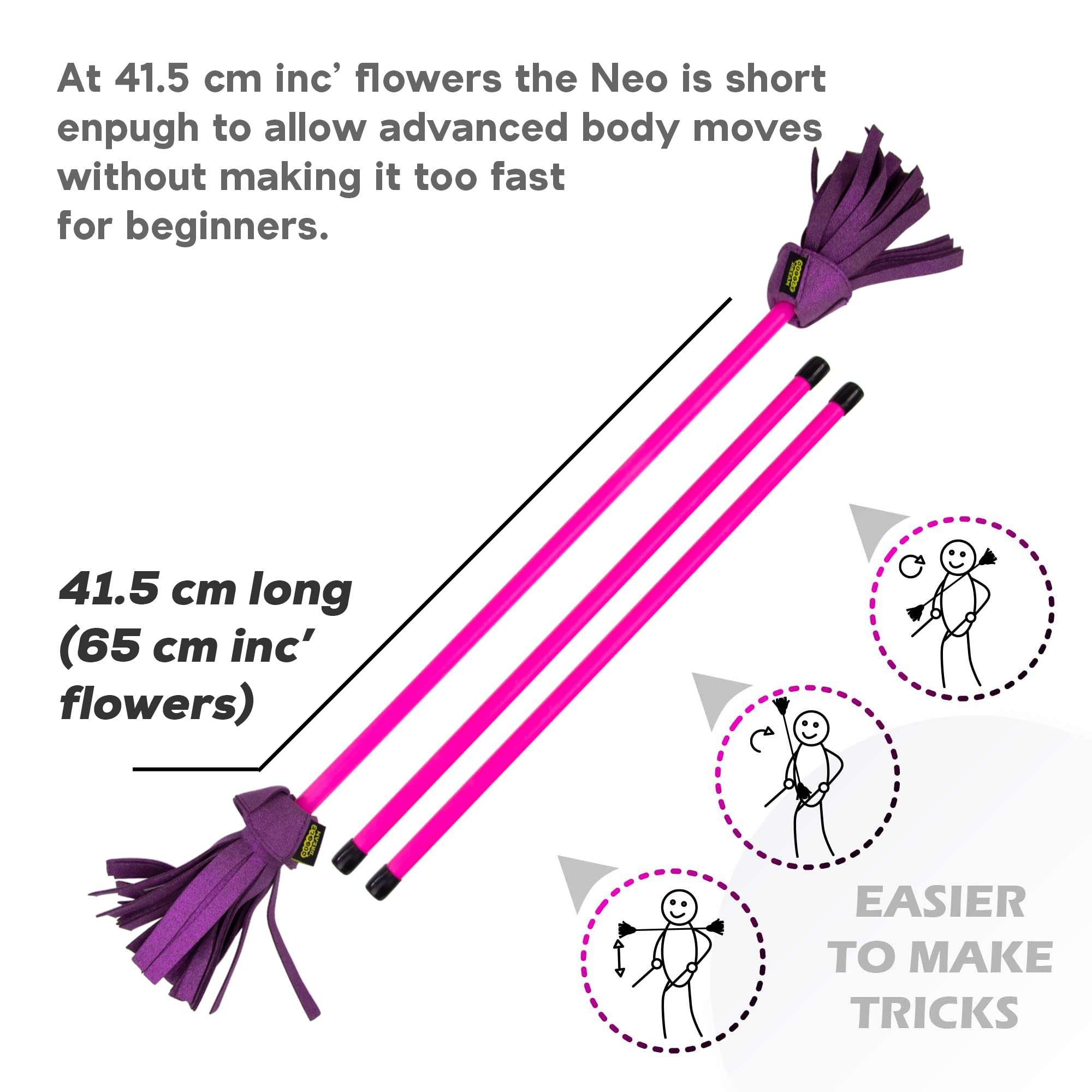 Juggle Dream Neo Flowerstick Set inkl. Handstäbe. Fiberglasstock, Silicone Grip, Wildlederfransen. Jonglier Flower Stick (Rosa / Violett)