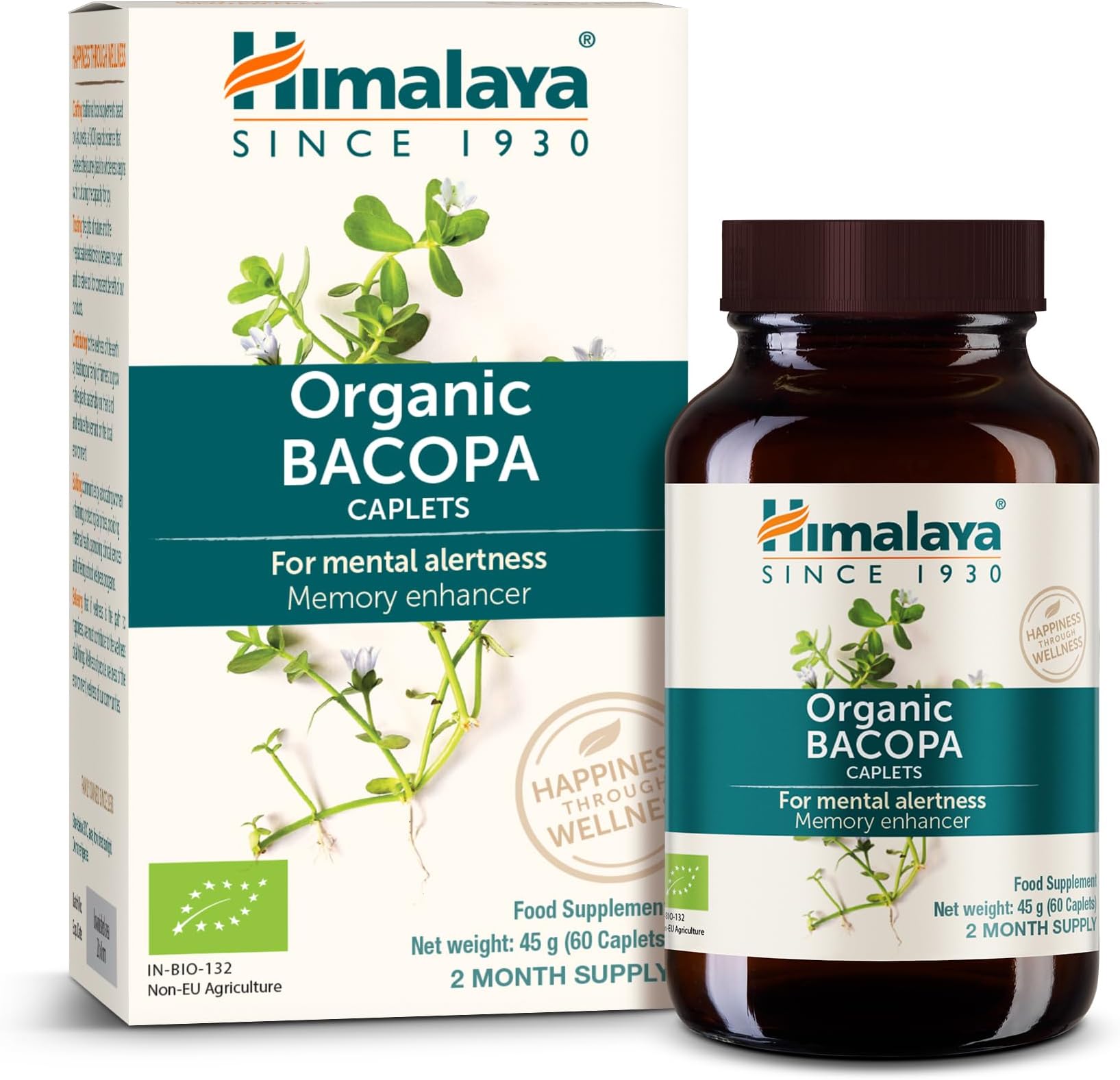 Organic Bacopa (Brahmi) Monnieri Nootropic Herbal Supplement, Mental Alertness, Supports Calm, Memory, Cognition, Certified Organic, 750 mg, 60 Plant-Based Caplets, 60 Day Supply
