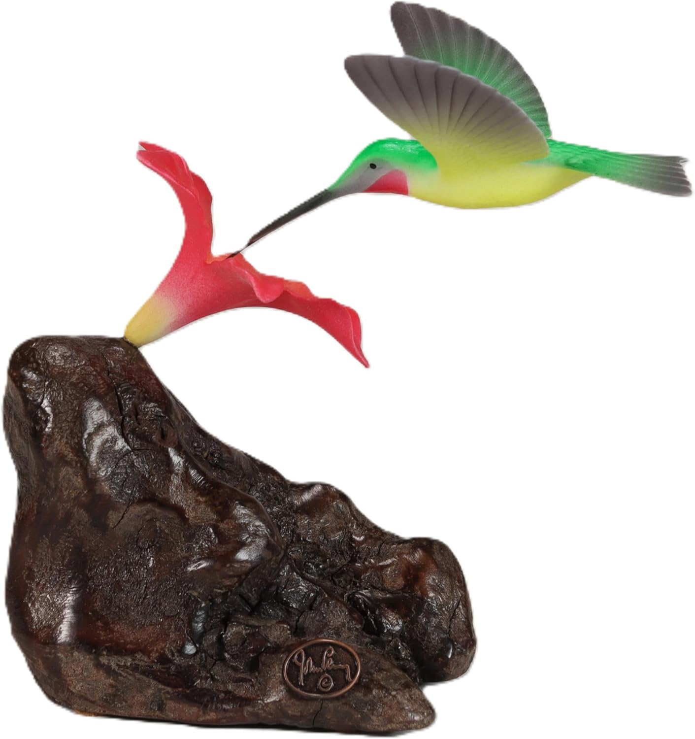 Hummingbird Sculpture by John Perry with Red Flower Airbrushed 5in Wing Span. Signed.