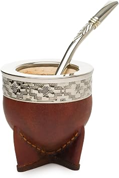 Yerba Mate Gourd Set with Stainless Steel Straw | Handmade Leather Yerba Mate Cup and Bombilla Set from Argentina - Beach Essentials - Idea for Gifts | Travel Cup Mate