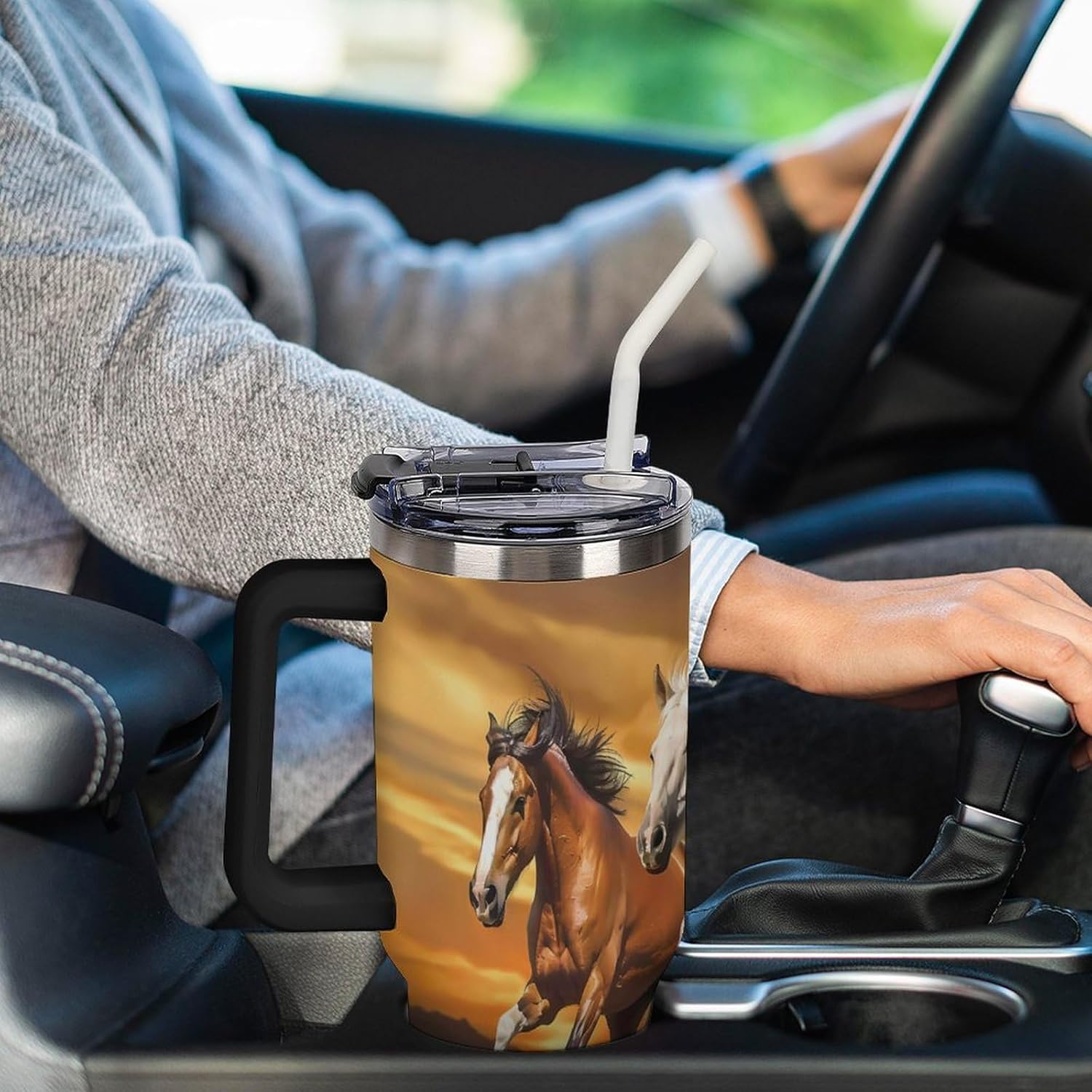 Three Running Horses Tumbler with Handle and Straw Lid Stainless Steel Insulated Travel Mug Large Capacity Car Cup 40 OZ