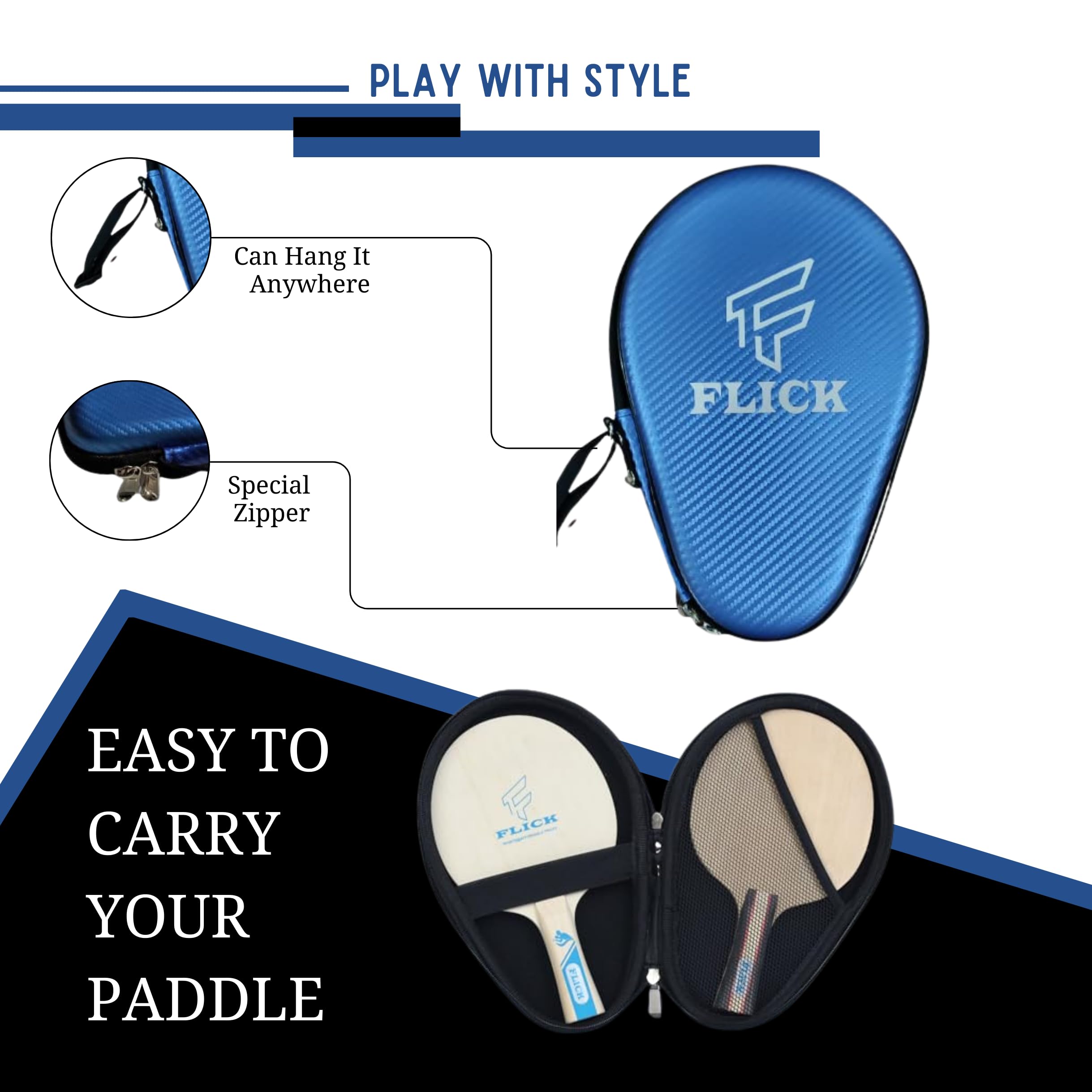 FLICK Fusion - Table Tennis Racket Hard CASE/Cover- Round| Shockproof Protective EVA-PU CASE- Stylish Design | Durable Product for TT Lovers| Assorted COLOURES. (Blue) 2